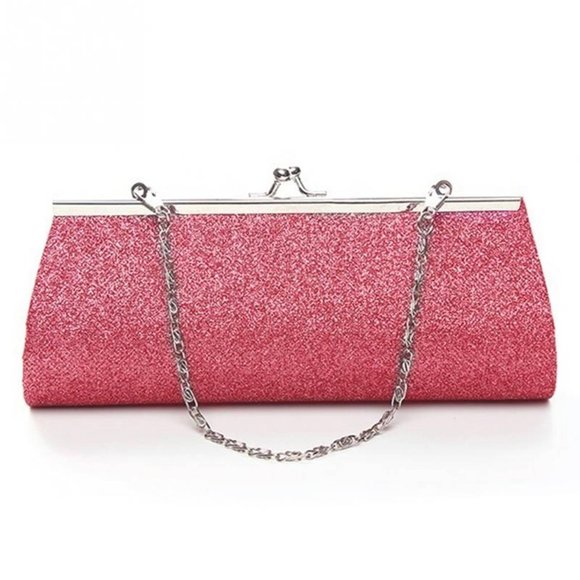 Rose Pink Sparkling Metal Frame Glitter Evening Bag-Wristlet Night Purse Handbag - Picture 1 of 4